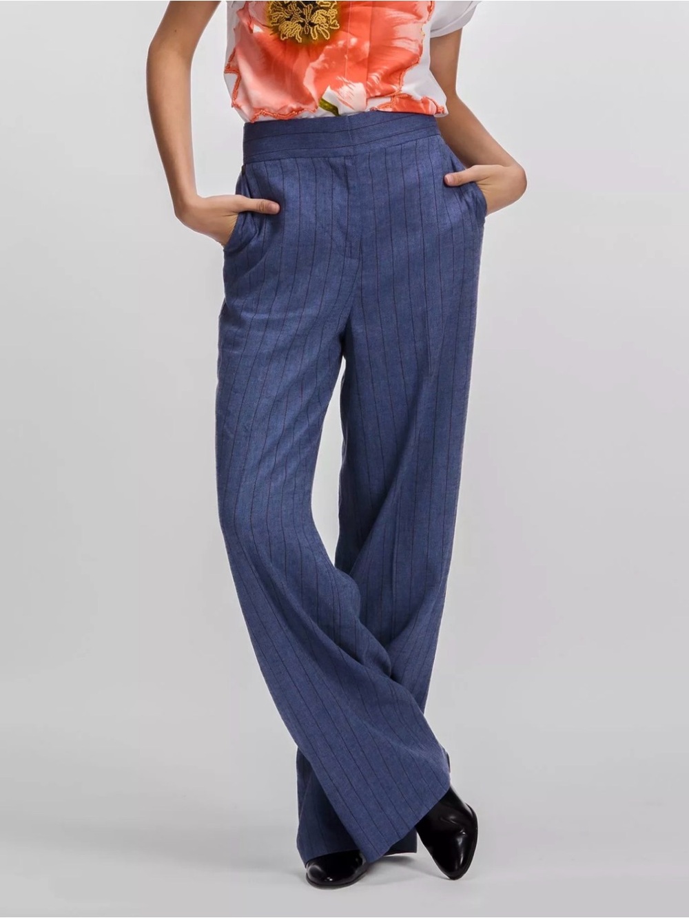 Karl Lagerfeld Bloomingdale’s Wide Leg Pinstripe Trouser Pants Blue Rust O8